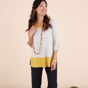 Matilda Jones hi/lo tunic with gray stripes and yellow/white dots. Very cute!